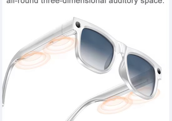 Close-up of the glasses temple showing the directional audio drivers