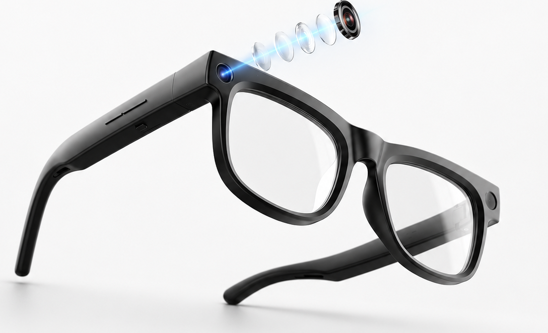 My Meta AG19 smart translation glasses with exploded 4K camera lens stack