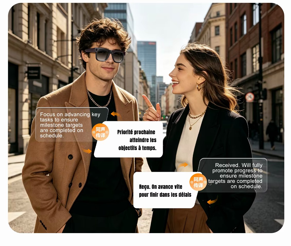 Two people holding a multilingual conversation while wearing My Meta glasses
